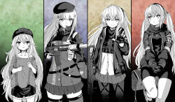 Rule 34 | 404 (girls&#039; frontline), 4girls, angry, assault rifle, bag, beret, bulletproof vest, commentary request, duffel bag, english text, fingerless gloves, g11 (girls&#039; frontline), german text, girls&#039; frontline, gloves, gun, h&amp;k hk416, h&amp;k ump, h&amp;k ump, hat, highres, hk416 (girls&#039; frontline), holding, holding gun, holding weapon, multiple girls, numazume, rifle, sad, sad smile, submachine gun, suspenders, tactical clothes, trigger discipline, ump45 (girls&#039; frontline), ump9 (girls&#039; frontline), weapon, aged down