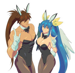 Rule 34 | 1boy, 1girl, abs, angel wings, animal ears, ashensol, asymmetrical wings, bare shoulders, black bow, black bowtie, black leotard, blue hair, bow, bowtie, breasts, brown eyes, brown hair, cleavage, closed mouth, collarbone, dizzy (guilty gear), fake animal ears, fake tail, father and daughter, gloves, guilty gear, hair between eyes, headband, large breasts, large pectorals, leggings, leotard, long hair, muscular, muscular male, open mouth, pectorals, playboy bunny, ponytail, rabbit ears, rabbit tail, red eyes, smile, sol badguy, tail, twintails, very long hair, white gloves, wings, wrist cuffs
