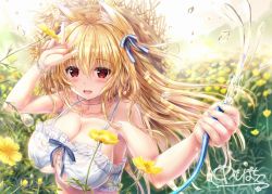 Rule 34 | 1girl, animal ear fluff, animal ears, arm up, bad id, bad twitter id, bare arms, blonde hair, blush, bracelet, breasts, cleavage, collarbone, commentary request, crop top, flower request, fox ears, fox girl, hair between eyes, holding, holding hose, hose, jewelry, kurenai anzu, large breasts, long hair, looking at viewer, open mouth, original, red eyes, shirt, sidelocks, signature, solo, spaghetti strap, unohana pochiko, upper body, w, water drop, white shirt