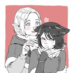 Rule 34 | 2girls, :d, adjusting scarf, animal ears, arm guards, blush, capelet, cat ears, cat girl, dressing another, dungeon meshi, ear blush, elf, enpera, frown, fur-trimmed sleeves, fur trim, hand up, hands up, highres, hood, hood down, hooded capelet, izutsumi, long hair, long sleeves, looking at another, marcille donato, monochrome, multiple girls, open mouth, parted bangs, pointy ears, red theme, ruidus2000, scarf, short hair, sideways glance, smile, swept bangs, upper body, winter clothes