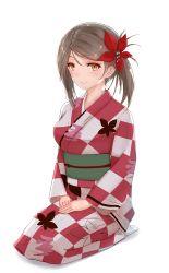 Rule 34 | 10s, 1girl, absurdres, amagi (kancolle), blush, breasts, brown eyes, brown hair, checkered clothes, checkered kimono, cloud print, flower, folded ponytail, full body, furisode, hair between eyes, hair flower, hair ornament, hands on lap, highres, japanese clothes, kamome donburi, kantai collection, kimono, large breasts, leaf print, light smile, long hair, looking at viewer, matching hair/eyes, obi, ponytail, sash, smile, solo, white background, yellow eyes, yukata