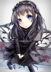 Rule 34 | 1girl, black dress, black hair, black pantyhose, blue eyes, blush, boots, collared dress, colored eyelashes, corset, cross-laced clothes, dress, english text, floral print, flower, foreshortening, frilled sleeves, frills, from above, gothic lolita, hairband, highres, knee boots, lolita fashion, lolita hairband, long hair, long sleeves, looking at viewer, machinery, missile228, open mouth, original, own hands together, pantyhose, perspective, purple footwear, red flower, red rose, rose, rose print, solo, standing, tareme, text focus, v arms, very long hair