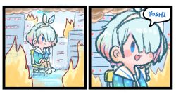 Rule 34 | 1girl, 2koma, arona (blue archive), blue archive, burning, burning building, chair, comic, english text, fire, highres, shiming liangjing, sitting, solo