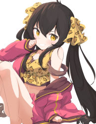Rule 34 | 1girl, absurdres, animal print, black hair, blush, camisole, hair ribbon, highres, idolmaster, idolmaster cinderella girls, jacket, leopard print, long hair, looking at viewer, matoba risa, navel, nimomin, off shoulder, open clothes, open jacket, pink jacket, print camisole, print ribbon, ribbon, sitting, skirt, sleeves past wrists, smile, solo, twintails, very long hair, white background, yellow eyes
