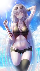 Rule 34 | 1girl, absurdres, bare shoulders, beach, bikini, black bikini, black shorts, black thighhighs, blue sky, blush, breasts, cleavage, collarbone, eyewear on head, fate/grand order, fate (series), food, highres, huge filesize, jeanne d&#039;arc (fate), jeanne d&#039;arc alter (avenger) (fate), jeanne d&#039;arc alter (fate), large breasts, long hair, looking to the side, nail polish, navel, one eye closed, open fly, penguintake, popsicle, short shorts, shorts, silver hair, sky, solo, sunglasses, swimsuit, thighhighs, thighs, very long hair, yellow eyes