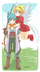 Rule 34 | 1boy, 1girl, angel wings, blonde hair, blue eyes, blue hair, boots, bracelet, breasts, breath of fire, breath of fire iii, closed mouth, cloud, commentary request, dress, fishing rod, graphite (medium), grass, hairband, jewelry, knee boots, looking at viewer, nina (breath of fire iii), puffy sleeves, ryuu (breath of fire iii), short hair, smile, traditional media, white wings, wings