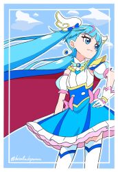 Rule 34 | blue eyes, blue hair, blue skirt, bow, brooch, cape, cure sky, detached sleeves, earrings, fingerless gloves, gloves, hand on own hip, highres, hiralin (hiralindepuruns), hirogaru sky! precure, jewelry, long hair, magical girl, pink bow, precure, puffy detached sleeves, puffy sleeves, single earring, single sidelock, skirt, smile, sora harewataru, twintails, two-sided cape, two-sided fabric, white gloves, wing brooch, wing hair ornament