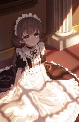 Rule 34 | 1girl, absurdres, apron, arms at sides, blush, brown hair, closed mouth, hair between eyes, highres, indoors, long hair, looking at viewer, maid, maid apron, maid headdress, monmo mu, on floor, original, pout, short sleeves, sidelocks, sitting, solo, twintails, yellow eyes