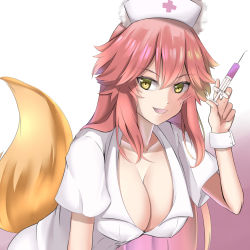 Rule 34 | 1girl, absurdres, animal ear fluff, animal ears, breasts, cleavage, collarbone, commentary, commentary request, cross, fang, fate/extra, fate/grand order, fate (series), fox ears, fox girl, fox tail, gradient background, hat, highres, holding, holding syringe, kamehito, large breasts, long hair, looking at viewer, nurse, nurse cap, open mouth, pink hair, red cross, short sleeves, solo, syringe, tail, tamamo (fate), tamamo no mae (fate/extra), very long hair, yellow eyes