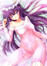Rule 34 | 1girl, alternate costume, alternate hairstyle, bare shoulders, breasts, campbell (pixiv), campbell gichou, collarbone, crescent, female focus, groin, hat, large breasts, long hair, lying, nightgown, off shoulder, on back, patchouli knowledge, purple eyes, purple hair, see-through, solo, touhou, very long hair