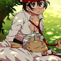 Rule 34 | 1boy, 1girl, andy (undead unluck), black hair, blue eyes, breasts, brown eyes, cleavage, dappled sunlight, day, glass shards, hair between eyes, izumo fuuko, large breasts, lying, necktie, on back, outdoors, red headwear, red neckwear, shirt, short hair, silver hair, sitting, smile, sunlight, tan, undead unluck, white shirt