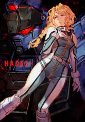 Rule 34 | 1girl, blonde hair, bodysuit, breasts, chloe croce, english text, feet out of frame, gloves, glowing, glowing eyes, gundam, gundam side story: missing link, hungry clicker, long hair, looking to the side, open mouth, pale rider (mobile suit), pilot suit, purple eyes, robot, science fiction, solo, space, spacesuit, teeth