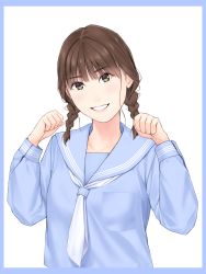 Rule 34 | 1girl, blue sailor collar, blue serafuku, blunt bangs, braid, brown eyes, brown hair, character request, commentary request, copyright request, hands up, highres, light blush, lips, long sleeves, looking at viewer, medium hair, nayuta69, neckerchief, parted lips, real life, sailor collar, school uniform, serafuku, smile, solo, twin braids, upper body, white neckerchief