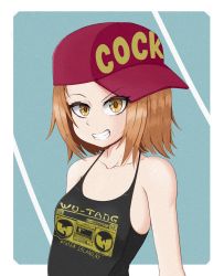 Rule 34 | 1girl, absurdres, bare shoulders, blush, breasts, brown eyes, brown hair, collarbone, grin, hat, highres, k-on!, looking at viewer, short hair, sleeveless, small breasts, smile, solo, tainaka ritsu, upper body, wu-tang clan, young savage