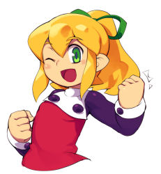 Rule 34 | 1girl, ;d, bad id, bad pixiv id, blonde hair, buttons, clenched hands, green eyes, hair ribbon, long hair, long sleeves, looking at viewer, metata, one eye closed, open mouth, ponytail, puffy long sleeves, puffy sleeves, ribbon, mega man (series), mega man (classic), roll (mega man), sidelocks, smile, solo, toufu yarou