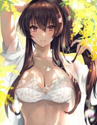 Rule 34 | 1girl, bra, branch, breasts, brown eyes, brown hair, cherry blossoms, collarbone, commentary request, dappled sunlight, flower, hair between eyes, hair flower, hair lift, hair ornament, highres, kantai collection, kasumi (skchkko), large breasts, lifting own clothes, long hair, looking at viewer, open clothes, open shirt, parted lips, ponytail, see-through, shirt, smile, solo, sunlight, underwear, upper body, white bra, white shirt, yamato (kancolle)