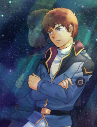 Rule 34 | 1boy, amuro ray, belt, blue eyes, brown hair, char&#039;s counterattack, crossed arms, glass, gundam, indoors, jacket, kakyoi, male focus, military, military uniform, pants, reflection, short hair, solo, space, star (symbol), uniform