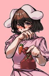 Rule 34 | 1girl, animal ears, belt, blush, brown eyes, brown hair, carrot necklace, closed mouth, commentary request, cowboy shot, floppy ears, gift, hair between eyes, hand up, highres, holding, holding gift, inaba tewi, incoming gift, jewelry, long bangs, looking at viewer, necklace, nio (meple nio), nose blush, pink background, pink shirt, pink skirt, rabbit ears, rabbit girl, red belt, shirt, short hair, simple background, skirt, skirt set, solo, touhou