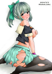 Rule 34 | 1girl, ass, black pantyhose, black shirt, bow, breasts, brown eyes, covering breasts, covering privates, dated, green bow, green skirt, grey hair, hair bow, highres, kamiya tadato, kantai collection, looking at viewer, medium breasts, medium hair, midriff, panties, pantyhose, pleated skirt, ponytail, sailor collar, school uniform, serafuku, shirt, simple background, sitting, skirt, solo, torn clothes, torn pantyhose, twitter username, underwear, wariza, white background, white panties, white sailor collar, yuubari (kancolle)