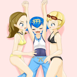 Rule 34 | 3girls, :3, arm up, armpits, arms up, artist request, ass, bikini, black bikini, blonde hair, blue eyes, blue hair, blue one-piece swimsuit, blue pants, blue sailor collar, blush, breasts, brown hair, capri pants, cleavage, closed eyes, collarbone, covered navel, creatures (company), eyewear on head, female focus, flat chest, from above, from side, game freak, glasses, hair ornament, hand up, headband, highres, holding hands, jewelry, lana (pokemon), laughing, looking down, looking to the side, lying, multiple girls, navel, necklace, nintendo, npc trainer, on back, on side, one-piece swimsuit, open mouth, pants, pink background, pokemon, pokemon sm, red-framed eyewear, restrained, sailor collar, shirt, short hair, simple background, sleeveless, sleeveless shirt, small breasts, smile, spread legs, sunglasses, swimmer (pokemon), swimsuit, teeth, tickling, white shirt, yellow bikini
