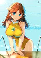 Rule 34 | 1girl, absurdres, bare arms, blue eyes, breasts, brown hair, chinchongcha, competition swimsuit, earrings, flower earrings, highres, impossible clothes, jewelry, long hair, looking at viewer, mario (series), nintendo, one-piece swimsuit, pool, princess daisy, solo, swimsuit, water
