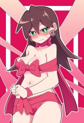 Rule 34 | 1girl, absurdres, blush, bow, breasts, brown hair, buzzlyears, cleavage, collarbone, earrings, full-face blush, green eyes, highres, jewelry, long hair, looking at viewer, medium breasts, mega man (series), mega man legends (series), navel, nude, red bow, red ribbon, ribbon, skull earrings, solo, tron bonne (mega man)