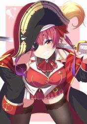 Rule 34 | 1girl, belt, bent over, black thighhighs, blush, breasts, coat, commentary request, eyepatch, fukurou (hukurou), gloves, grin, hat, head tilt, heart, highres, holding, holding sword, holding weapon, hololive, houshou marine, large breasts, looking at viewer, open clothes, open coat, pink background, pirate hat, pleated skirt, red eyes, red hair, shirt, skirt, sleeveless, sleeveless shirt, sleeves past fingers, sleeves past wrists, smile, solo, sword, thighhighs, v-shaped eyebrows, virtual youtuber, weapon, white gloves