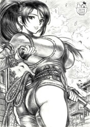 Rule 34 | 1girl, ass, belt, black hair, breasts, building, cloud, commentary request, dead or alive, dead or alive 6, dead or alive xtreme venus vacation, detached sleeves, falling leaves, fingerless gloves, from behind, gloves, greyscale, holding, holding polearm, holding weapon, large breasts, leaf, long hair, looking at viewer, momiji (ninja gaiden), monochrome, ninja, ninja gaiden, outdoors, polearm, ponytail, sideboob, signature, skidrow, sky, solo, weapon