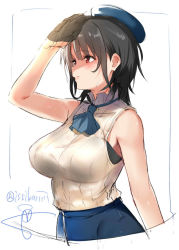 Rule 34 | 10s, 1girl, adapted costume, bare arms, beret, black bra, black gloves, black hair, blue hat, blue skirt, bra, bra visible through clothes, breasts, closed mouth, dated, dress, gloves, hat, isshiki (ffmania7), kantai collection, large breasts, looking to the side, neckerchief, purple neckerchief, red eyes, short hair, sketch, skirt, solo, takao (kancolle), twitter username, underwear, upper body, white dress