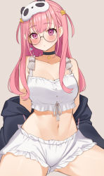 Rule 34 | 1girl, :o, absurdres, bare shoulders, black choker, black hoodie, breasts, camisole, choco tanuki, choker, collarbone, crescent choker, crop top, drawstring, frilled shorts, frills, glasses, hair ornament, highres, hood, hoodie, large breasts, long hair, looking at viewer, mask, mask on head, midriff, mole, mole on breast, mole under eye, navel, nijisanji, off shoulder, official alternate costume, open clothes, open hoodie, pajamas, panda earrings, panda hair ornament, panda mask, pink eyes, pink hair, round eyewear, sasaki saku, short shorts, shorts, sitting, sleep mask, solo, spread legs, star (symbol), star hair ornament, stomach, two side up, virtual youtuber, white camisole, white shorts