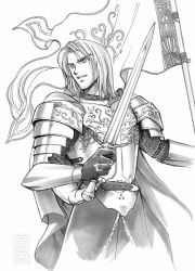 Rule 34 | 1boy, armor, banner, beard, boromir, breastplate, commentary, english commentary, facial hair, greyscale, holding, holding sword, holding weapon, kazuki-mendou, male focus, medium hair, monochrome, pauldrons, shoulder armor, smile, solo, standing, sword, the lord of the rings, tolkien&#039;s legendarium, tolkien's legendarium, traditional media, weapon
