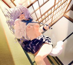 Rule 34 | 1girl, animal ears, blue eyes, blue neckerchief, blue sailor collar, blue skirt, blush, breasts, clothes lift, commentary request, dog ears, dog girl, dog tail, fang, feet out of frame, indoors, kise itsuki, light particles, long hair, looking at viewer, lying, navel, neckerchief, no bra, on floor, on side, open mouth, original, panties, pantyshot, pleated skirt, sailor collar, school uniform, serafuku, shouji, skirt, sliding doors, small breasts, smile, solo, striped clothes, striped panties, sunlight, sweat, sweater, sweater lift, tail, tatami, teeth, twilight, underwear, upper teeth only, wavy hair, white hair, white sweater