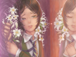 Rule 34 | 1boy, androgynous, bad id, bad pixiv id, black hair, different reflection, closed eyes, fate/zero, fate (series), flower, green eyes, lily (flower), male focus, necktie, reflection, short hair, solo, sssbendan, tears, waver velvet