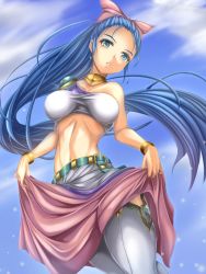 Rule 34 | 1girl, absurdres, adapted costume, armband, belt, blue eyes, blue hair, blush, bow, cyoppu, dragon quest, dragon quest v, earrings, flora (dq5), garter straps, hair bow, hair ribbon, highres, jewelry, long hair, lots of jewelry, matching hair/eyes, midriff, necklace, parted lips, pink bow, ponytail, ribbon, solo, thighhighs