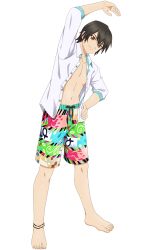 Rule 34 | 1boy, anklet, artist request, barefoot, black hair, commentary, drawstring, english commentary, flame print, full body, hair between eyes, hand on own hip, highres, jewelry, jude mathis, leaf print, male focus, male swimwear, multicolored clothes, multicolored male swimwear, multicolored swim trunks, multicolored swimsuit, navel, official art, open clothes, open shirt, print male swimwear, print swim trunks, print swimsuit, smile, swim trunks, swimsuit, tales of (series), tales of asteria, tales of xillia, toenails, toes, transparent background