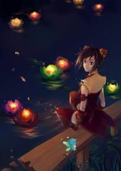 Rule 34 | 1girl, brown hair, candle, creature, dissolving clothes, fairy wings, flower, gloves, hair ornament, lantern, lantern on liquid, lily pad, looking at viewer, looking back, lotus, nataku39, night, original, paper lantern, short hair, sitting, smile, solo, thighhighs, water, wings