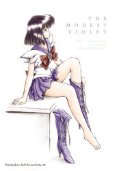 Rule 34 | 00s, 1990s (style), 1girl, 2002, 2003, artist name, barefoot, bishoujo senshi sailor moon, black eyes, black hair, bob cut, boots, bow, brooch, brown bow, character name, choker, cross-laced footwear, feet, female focus, high heels, hino ryutaro, jewelry, knee boots, lace-up boots, looking up, magical girl, non-web source, pleated skirt, profile, purple eyes, purple footwear, purple skirt, retro artstyle, sailor saturn, shoes, short hair, single shoe, sitting, skirt, solo, star brooch, tomoe hotaru, undressing, white background