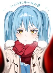Rule 34 | 1other, blue hair, blush, chocoeiru, highres, humanization, long hair, looking at viewer, red scarf, rimuru tempest, scarf, simple background, tensei shitara slime datta ken, translation request, twintails, yellow eyes