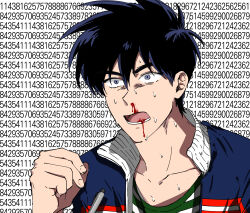 Rule 34 | 1boy, black hair, blood, blue jacket, chicken pub, clenched hand, fingernails, green shirt, grey eyes, hair between eyes, highres, jacket, letterman jacket, long bangs, lower teeth only, male focus, math, nosebleed, open mouth, pen, shirt, short hair, solo, striped clothes, striped shirt, teeth, text background, tobaku haouden zero, ukai zero, upper body, white background, white shirt