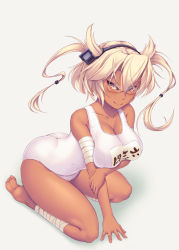 Rule 34 | &gt;:), 10s, 1girl, ankle wrap, ass, bare shoulders, barefoot, blonde hair, braid, breast hold, breasts, cleavage, dark skin, dark-skinned female, glasses, kantai collection, large breasts, musashi (kancolle), name tag, naughty face, one-piece swimsuit, personification, pointy hair, red eyes, school swimsuit, smile, solo, swimsuit, syacyo, twin braids, two side up, v-shaped eyebrows, white school swimsuit, white one-piece swimsuit
