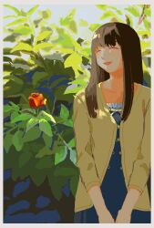 Rule 34 | 1girl, absurdres, bloom, blue dress, border, brown hair, bush, cardigan, closed eyes, collarbone, commentary request, cowboy shot, dress, facing to the side, flower, hide tani, highres, kanou jun (missing parts: the tantei stories), light blush, long hair, missing parts: the tantei stories, open cardigan, open clothes, open mouth, red flower, sidelighting, sidelocks, sleeves past elbows, smile, solo, standing, v arms, white border, yellow cardigan