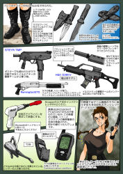 Rule 34 | 1girl, air hammer (tool), assault rifle, b&amp;t mp9, belt, breasts, brown eyes, brown hair, carbine, cellphone, english text, gun, h&amp;k g36, h&amp;k g36k, h&amp;k usp, h&amp;k usp match, handgun, heckler &amp; koch, japanese text, knife, lara croft, lara croft: tomb raider, large breasts, looking at viewer, match grade, match grade firearm, match grade pistol, muta koji, phone, pistol, ponytail, pump-action shotgun, pump action, remington 870, remington arms, rifle, shotgun, snapon (air hammer tool), steyr arms, story time, submachine gun, suppressor, tomb raider, translation request, utility belt, weapon, weapon focus