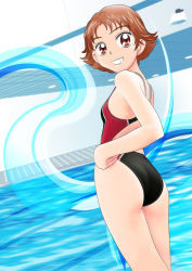 Rule 34 | 00s, 1girl, ass, back, bad id, bad pixiv id, breasts, brown eyes, brown hair, ceiling, competition swimsuit, cowboy shot, dutch angle, grin, hand on own hip, indoors, lane line, lights, looking at viewer, looking back, natsuki rin, one-piece swimsuit, pool, poolside, precure, red eyes, short hair, small breasts, smile, solo, spiked hair, standing, swimsuit, tile floor, tiles, wanco, water, yes! precure 5