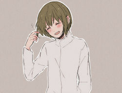 Rule 34 | 1girl, :d, bad id, bad pixiv id, blush, brown background, brown hair, closed eyes, commentary request, facing viewer, grey shirt, hand up, long sleeves, mutsuki tooru, open mouth, playing with own hair, shirt, short hair, simple background, smile, solo, teeth, tokyo ghoul, toukaairab, upper body, upper teeth only