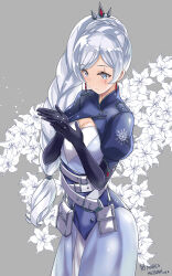 Rule 34 | 1girl, belt, black gloves, blue dress, blue eyes, braid, braided ponytail, breasts, cleavage, closed mouth, commentary request, dress, earrings, floral background, flower, gloves, grey background, hair ornament, jewelry, long hair, medium breasts, multiple belts, mutsumi masato, open hands, pouch, rwby, scar, scar across eye, signature, snowflake print, solo, tiara, weiss schnee, white belt, white flower, white hair