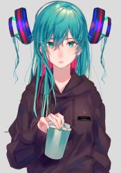 Rule 34 | 1girl, alternate hairstyle, aqua eyes, aqua hair, aqua nails, black sweater, blush, cup, drawstring, expressionless, floating, floating object, grey background, hair between eyes, hair down, hatsune miku, highres, holding, holding cup, hood, hood down, hooded sweater, lips, long hair, long sleeves, looking at viewer, multicolored hair, nail polish, nose blush, parted lips, pink hair, simple background, sinomi, solo, sweater, two-tone hair, vocaloid