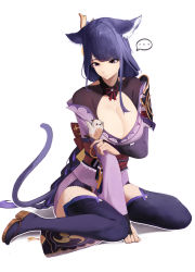 Rule 34 | ..., 1girl, absurdres, animal ears, armor, bird, black eyes, black thighhighs, blunt bangs, bow, bowtie, braid, breasts, bridal gauntlets, cat ears, cat girl, cat tail, cleavage, cleavage cutout, clothing cutout, commentary request, doroti., full body, genshin impact, gradient hair, hair ornament, highres, japanese clothes, kemonomimi mode, large breasts, long hair, long sleeves, looking away, low ponytail, mitsudomoe (shape), multicolored hair, obi, obiage, purple hair, raiden shogun, sash, shoulder armor, sidelocks, simple background, single braid, sitting, solo, speech bubble, tail, thighhighs, tomoe (symbol), wariza, white background, wide sleeves, zettai ryouiki