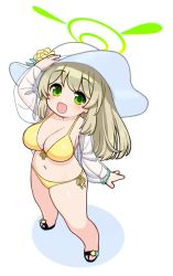 Rule 34 | 1girl, arm up, bikini, blonde hair, blue archive, blush, breasts, cleavage, flower, full body, green eyes, halo, hat, hat flower, large breasts, long hair, looking at viewer, maibotsumou, nonomi (blue archive), nonomi (swimsuit) (blue archive), open mouth, sandals, see-through, see-through sleeves, simple background, solo, standing, sun hat, swimsuit, white background, white hat, yellow bikini, yellow flower