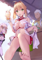 Rule 34 | 1boy, 1girl, 2girls, absurdres, ahoge, alternate costume, archer (fate), artoria pendragon (all), artoria pendragon (alter swimsuit rider) (fate), artoria pendragon (alter swimsuit rider) (second ascension) (fate), artoria pendragon (fate), barefoot, bikini, bikini top only, braid, breasts, cherry, cherry blossoms, cleavage, closed eyes, enmaided, fate/grand order, fate (series), feet, food, french braid, from below, fruit, graphite (medium), green eyes, hair intakes, highres, large breasts, maid, maid bikini, medium breasts, multiple girls, nero claudius (fate), nero claudius (fate) (all), nero claudius (swimsuit caster) (fate), nero claudius (swimsuit caster) (third ascension) (fate), pocky, saber alter, striped bikini, striped clothes, swimsuit, toes, traditional media, unconventional maid, underboob, virtu.al, white background, white hair, yellow eyes