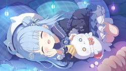 Rule 34 | 1girl, ahoge, animal, animal hat, bed sheet, blue brooch, blue hair, blunt bangs, blush, bow, brooch, cat hat, closed eyes, commission, crown, dress, fang, frills, gem, hair bow, hair bun, hat, highres, jewelry, long hair, open mouth, original, pillow, seal (animal), sidelocks, skeb commission, skirt, smile, solo, stuffed animal, stuffed seal, stuffed toy, tyakomes, variant set, whispering